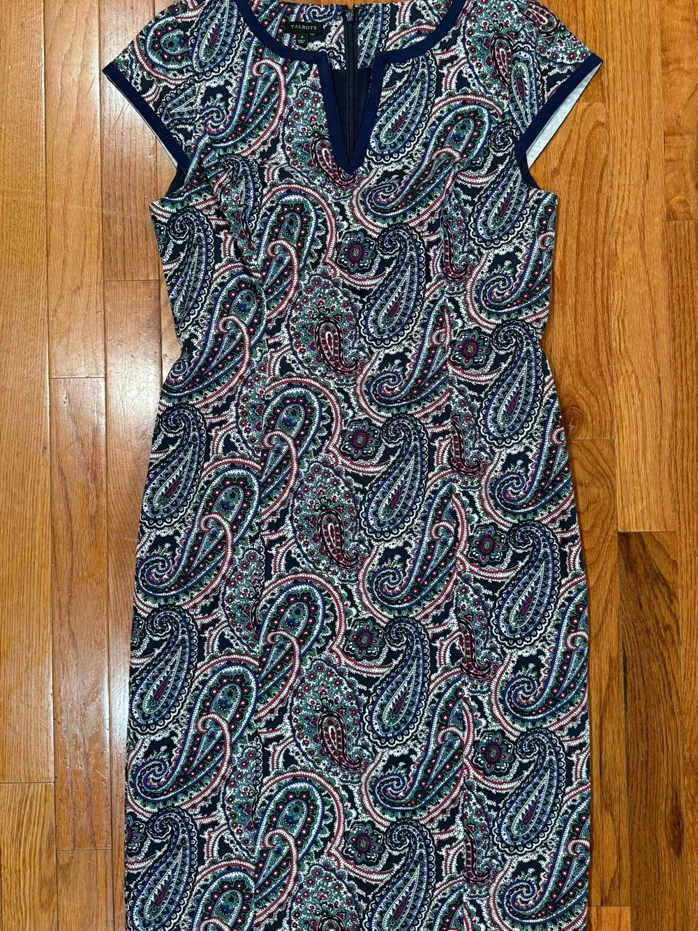 Talbots Navy Paisley Sheath Dress with Teal & Burgundy Accents